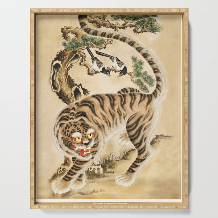Vintage Minhwa Tiger Under Pine Tree Serving Tray Gallery Image 1