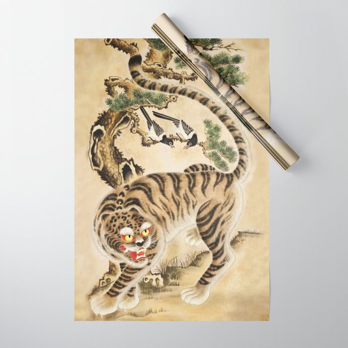 Vintage Minhwa Tiger Under Pine Tree Wrapping Paper Gallery Image 1