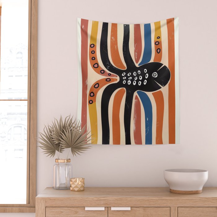 Abstract Octopus with Retro Lines Wall Tapestry Gallery Image 2