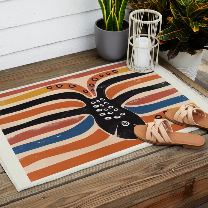 Abstract Octopus with Retro Lines Outdoor Rug Gallery Image 2