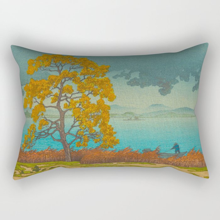 Vintage Japanese Woodblock Print Autumn Japanese Landscape Field Tall Tree Rectangular Pillow Gallery Image 1