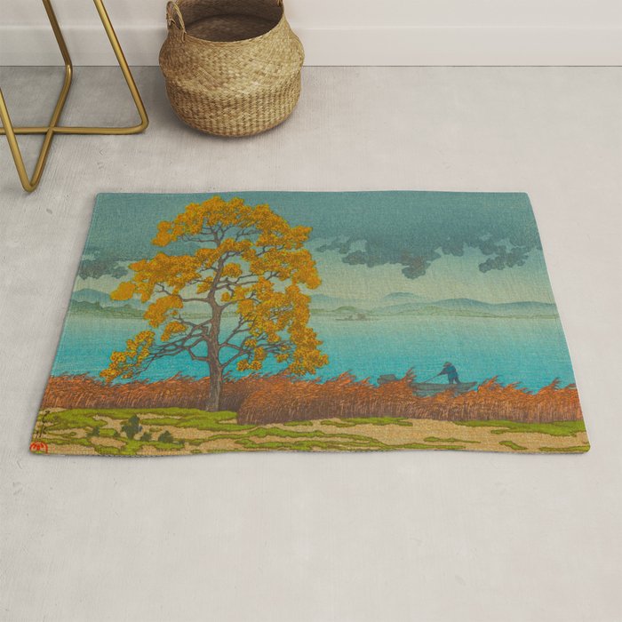 Vintage Japanese Woodblock Print Autumn Japanese Landscape Field Tall Tree Rug Gallery Image 1