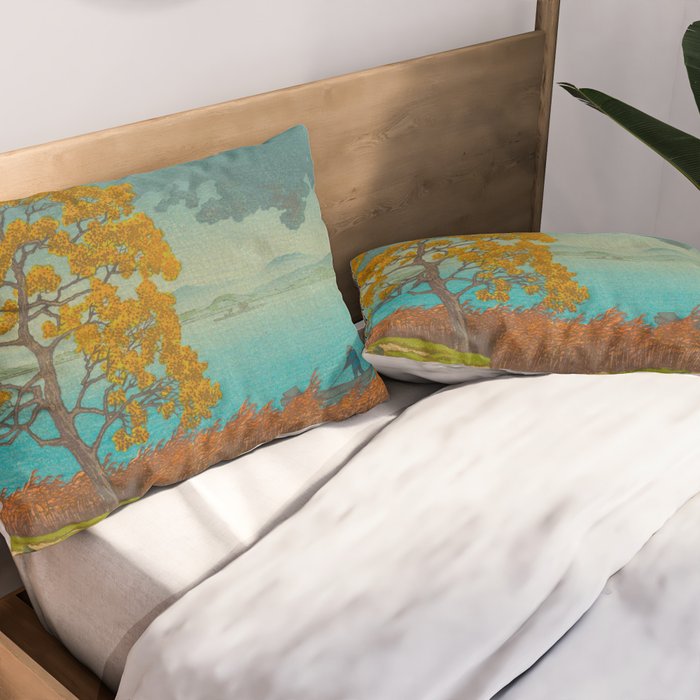 Vintage Japanese Woodblock Print Autumn Japanese Landscape Field Tall Tree Pillow Sham Gallery Image 2