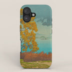 Vintage Japanese Woodblock Print Autumn Japanese Landscape Field Tall Tree iPhone Case Gallery Image 1