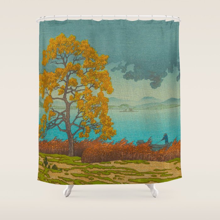 Vintage Japanese Woodblock Print Autumn Japanese Landscape Field Tall Tree Shower Curtain Gallery Image 1