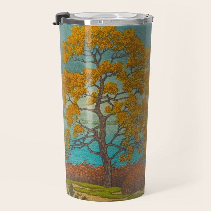 Vintage Japanese Woodblock Print Autumn Japanese Landscape Field Tall Tree Travel Mug Gallery Image 3