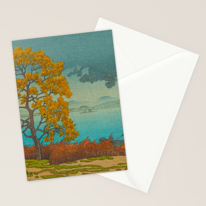 Vintage Japanese Woodblock Print Autumn Japanese Landscape Field Tall Tree Stationery Card Gallery Image 2