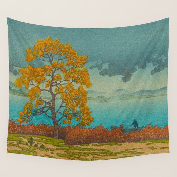 Vintage Japanese Woodblock Print Autumn Japanese Landscape Field Tall Tree Wall Tapestry Gallery Image 4