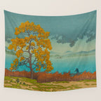 Vintage Japanese Woodblock Print Autumn Japanese Landscape Field Tall Tree Wall Tapestry Gallery Image 4