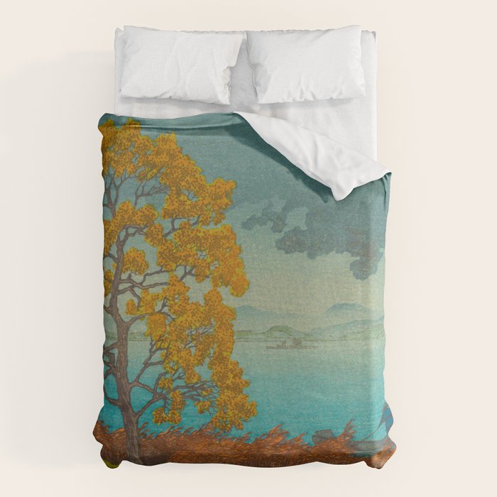 Vintage Japanese Woodblock Print Autumn Japanese Landscape Field Tall Tree Duvet Cover Gallery Image 1