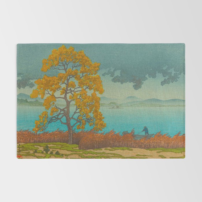 Vintage Japanese Woodblock Print Autumn Japanese Landscape Field Tall Tree Rug Gallery Image 2
