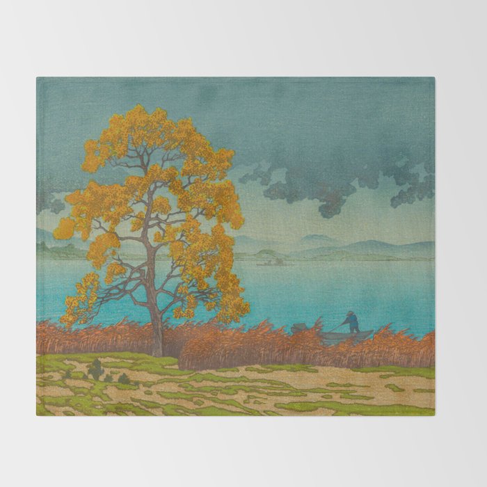 Vintage Japanese Woodblock Print Autumn Japanese Landscape Field Tall Tree Throw Blanket Gallery Image 2