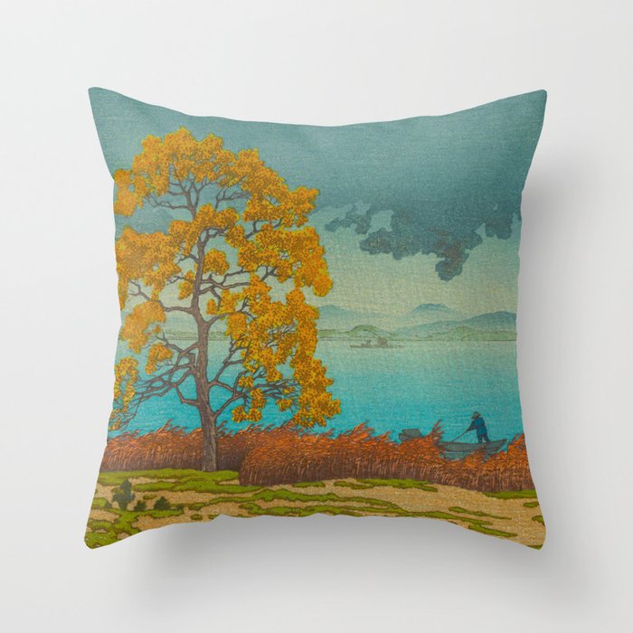 Vintage Japanese Woodblock Print Autumn Japanese Landscape Field Tall Tree Throw Pillow Gallery Image 6