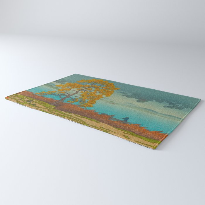 Vintage Japanese Woodblock Print Autumn Japanese Landscape Field Tall Tree Rug Gallery Image 3