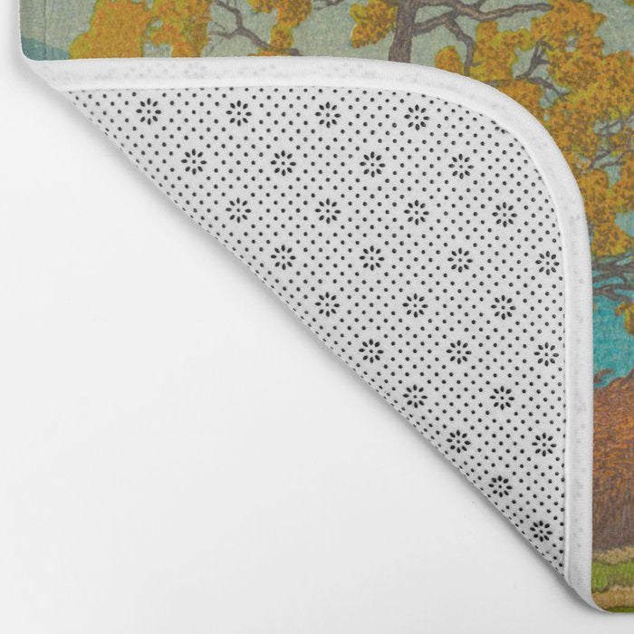 Vintage Japanese Woodblock Print Autumn Japanese Landscape Field Tall Tree Bath Mat Gallery Image 2