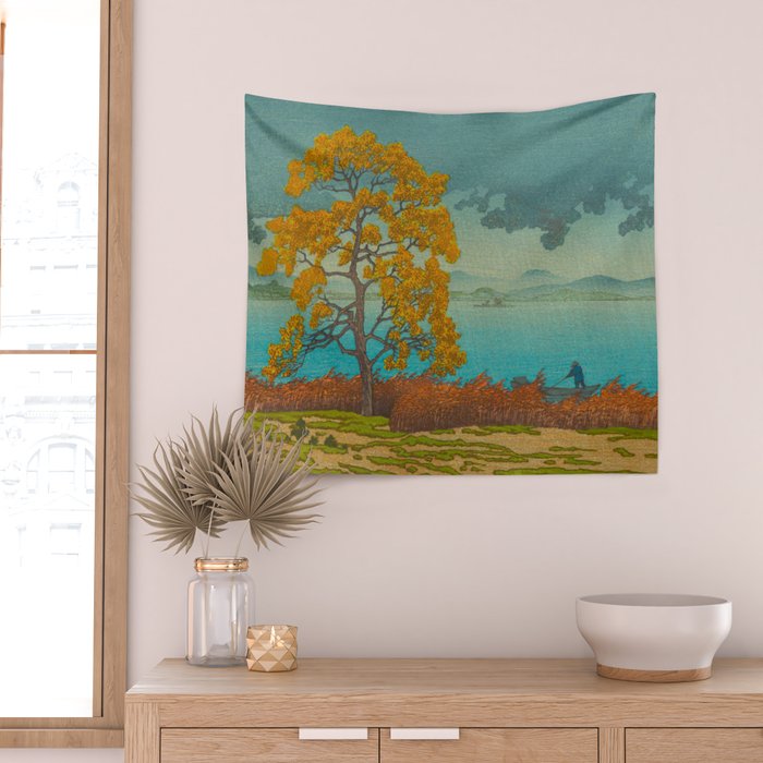 Vintage Japanese Woodblock Print Autumn Japanese Landscape Field Tall Tree Wall Tapestry Gallery Image 2