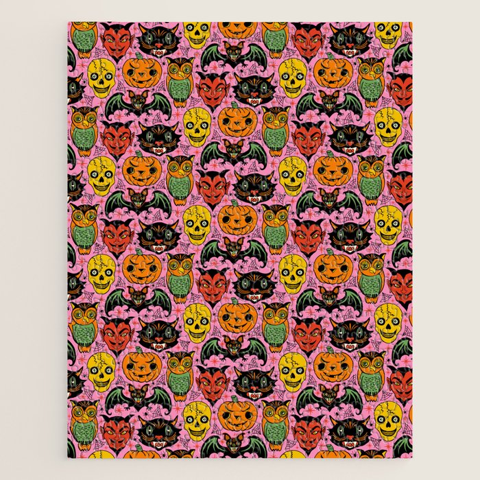 Retro Halloween in Pink - Skull Black Cat Devil Pumpkin Bat Owl Motifs Jigsaw Puzzle Gallery Image 1
