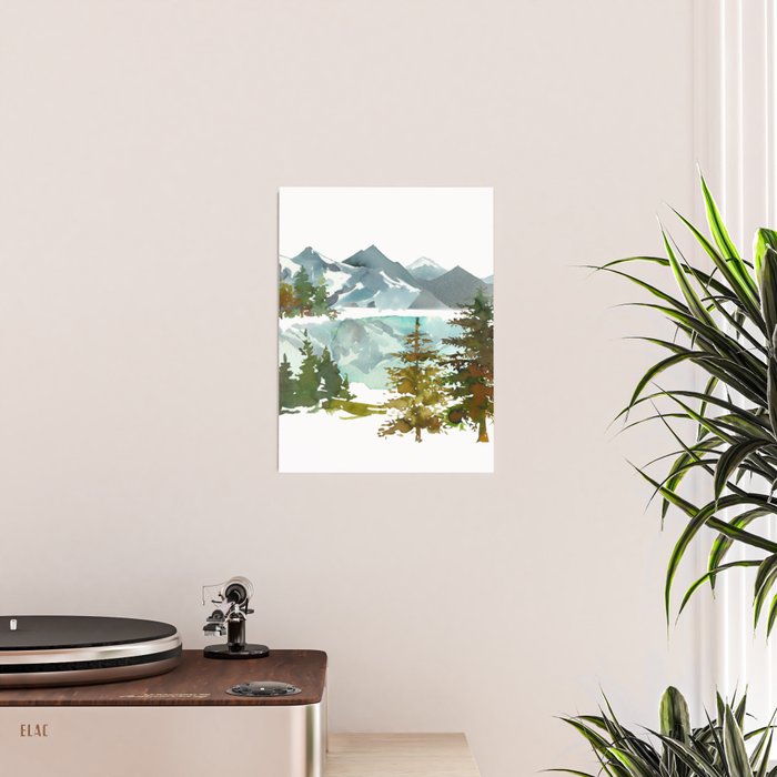 Forest green teal blue watercolor hand painted landscape Poster Gallery Image 2