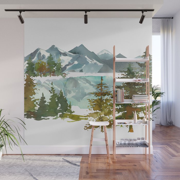 Forest green teal blue watercolor hand painted landscape Wall Mural Gallery Image 1
