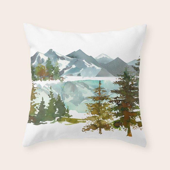 Forest green teal blue watercolor hand painted landscape Throw Pillow Gallery Image 1
