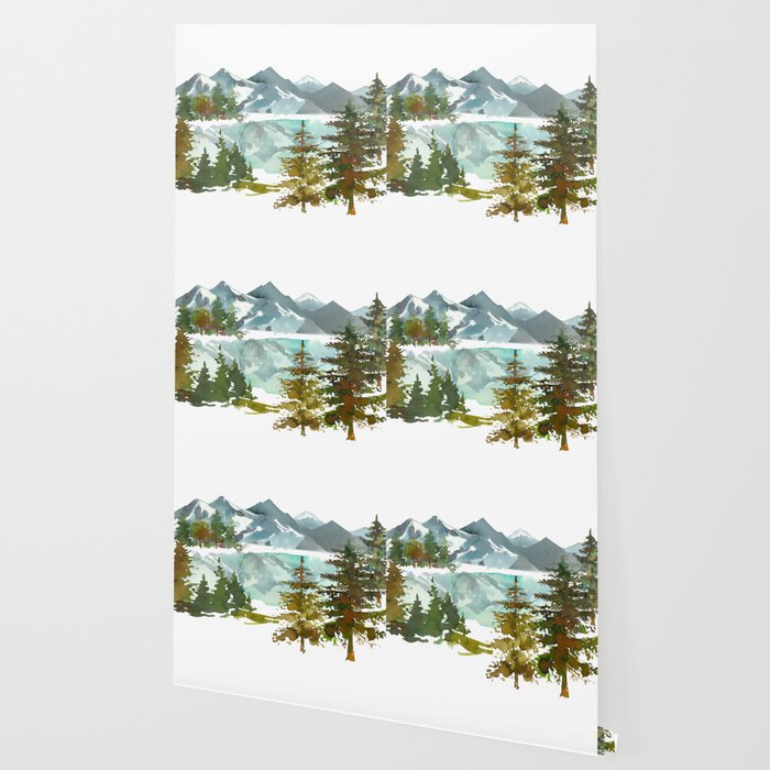 Forest green teal blue watercolor hand painted landscape Wallpaper Gallery Image 2