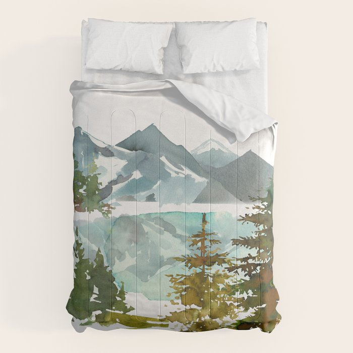 Forest green teal blue watercolor hand painted landscape Comforter Gallery Image 1