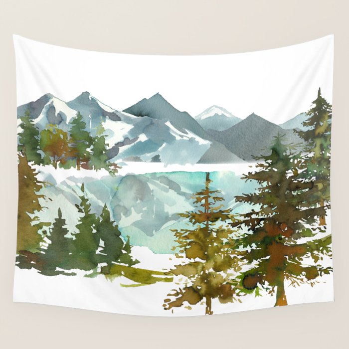 Forest green teal blue watercolor hand painted landscape Wall Tapestry Gallery Image 1