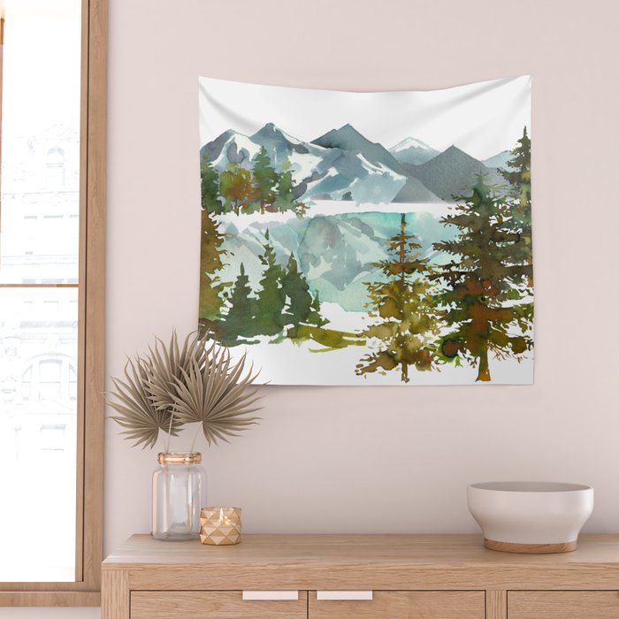 Forest green teal blue watercolor hand painted landscape Wall Tapestry Gallery Image 2