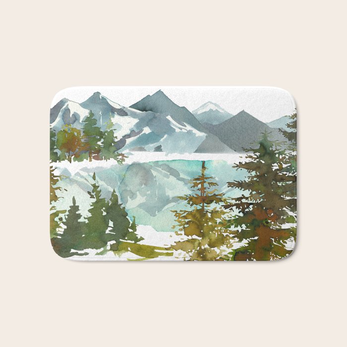 Forest green teal blue watercolor hand painted landscape Bath Mat Gallery Image 1