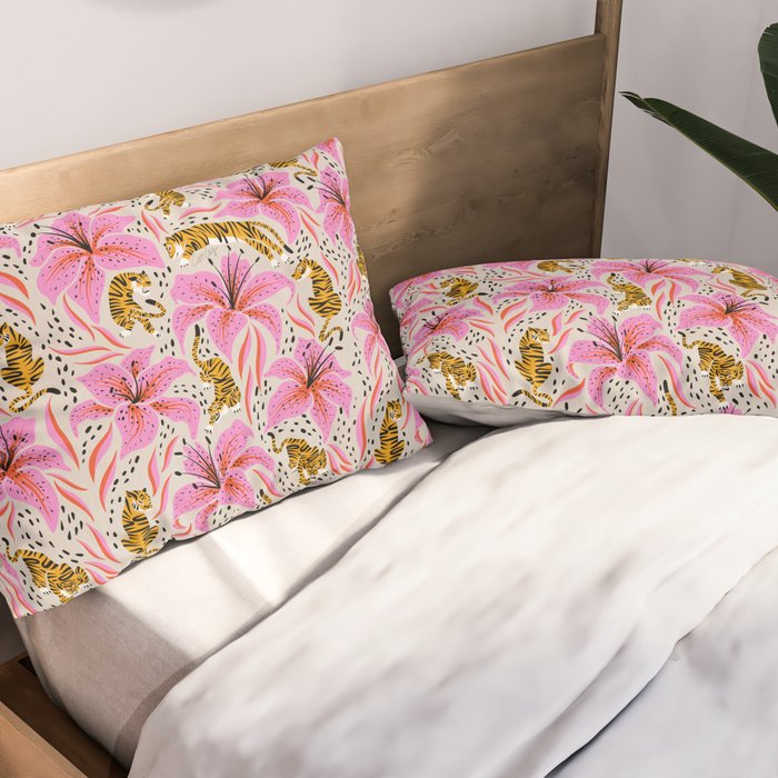 Tigers & Tiger Lilies - Pink & Yellow Pillow Sham Gallery Image 2