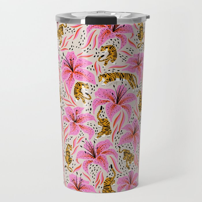 Tigers & Tiger Lilies - Pink & Yellow Travel Mug Gallery Image 1