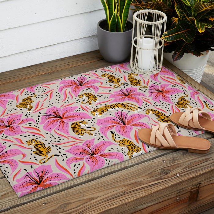 Tigers & Tiger Lilies - Pink & Yellow Outdoor Rug Gallery Image 2
