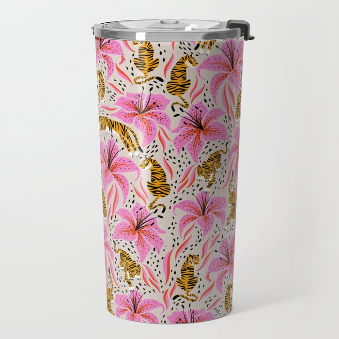 Tigers & Tiger Lilies - Pink & Yellow Travel Mug Gallery Image 2