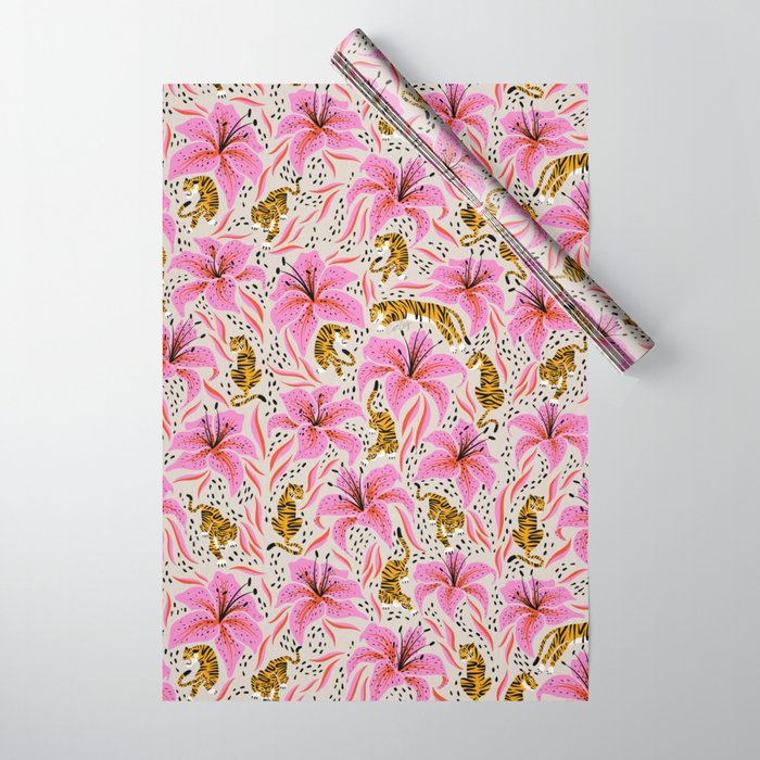 Tigers & Tiger Lilies - Pink & Yellow Wrapping Paper Gallery Image 1