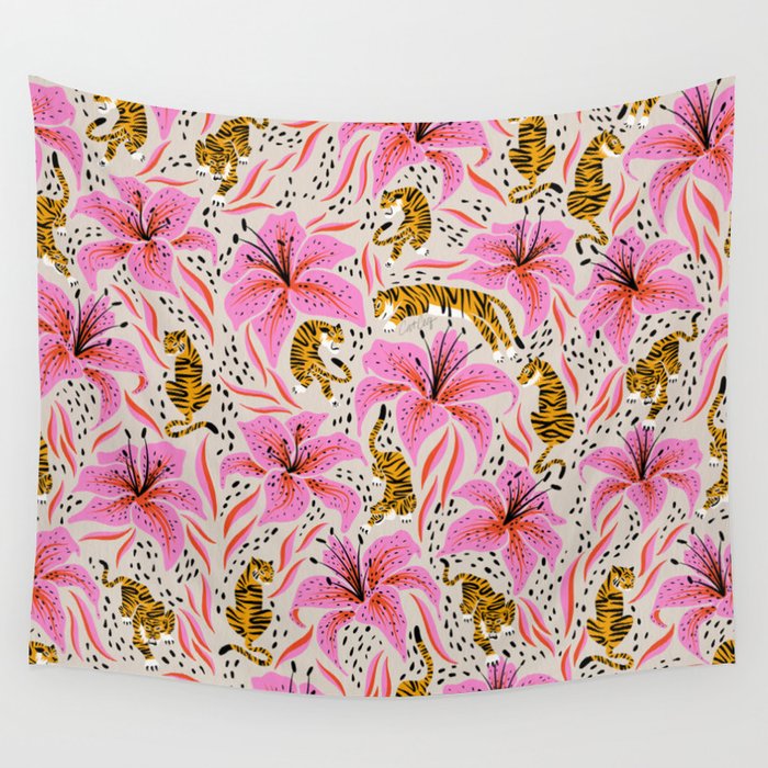 Tigers & Tiger Lilies - Pink & Yellow Wall Tapestry Gallery Image 4