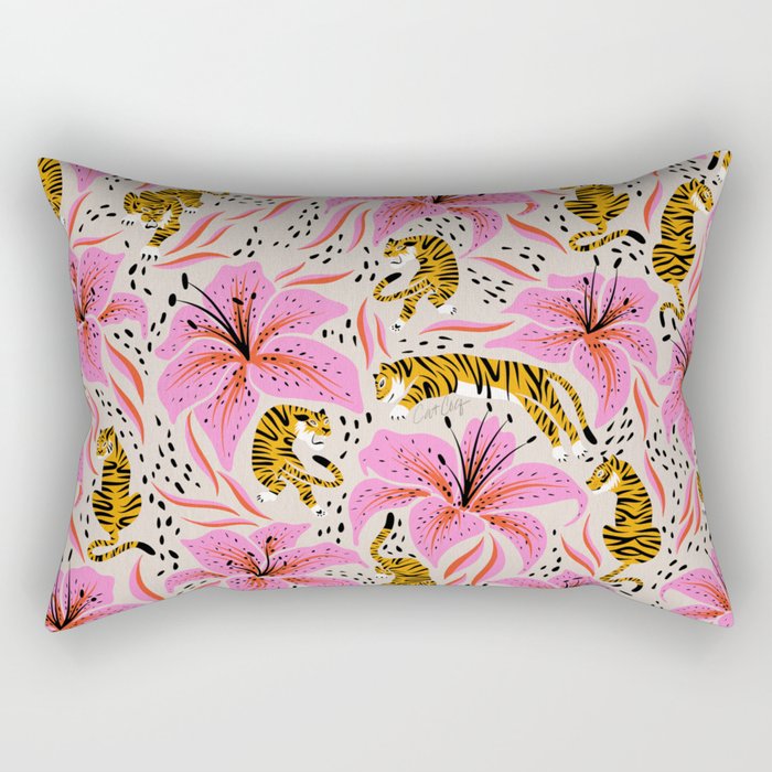 Tigers & Tiger Lilies - Pink & Yellow Rectangular Pillow Gallery Image 2
