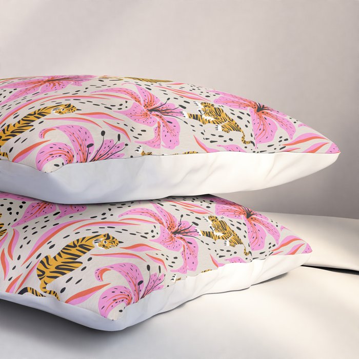Tigers & Tiger Lilies - Pink & Yellow Pillow Sham Gallery Image 3