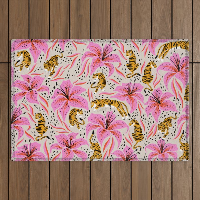 Tigers & Tiger Lilies - Pink & Yellow Outdoor Rug Gallery Image 1