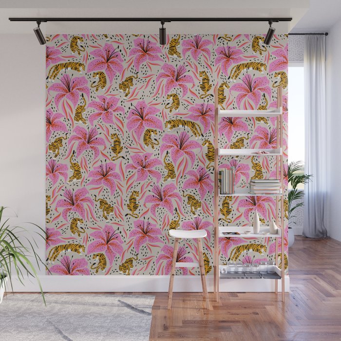 Tigers & Tiger Lilies - Pink & Yellow Wall Mural Gallery Image 1