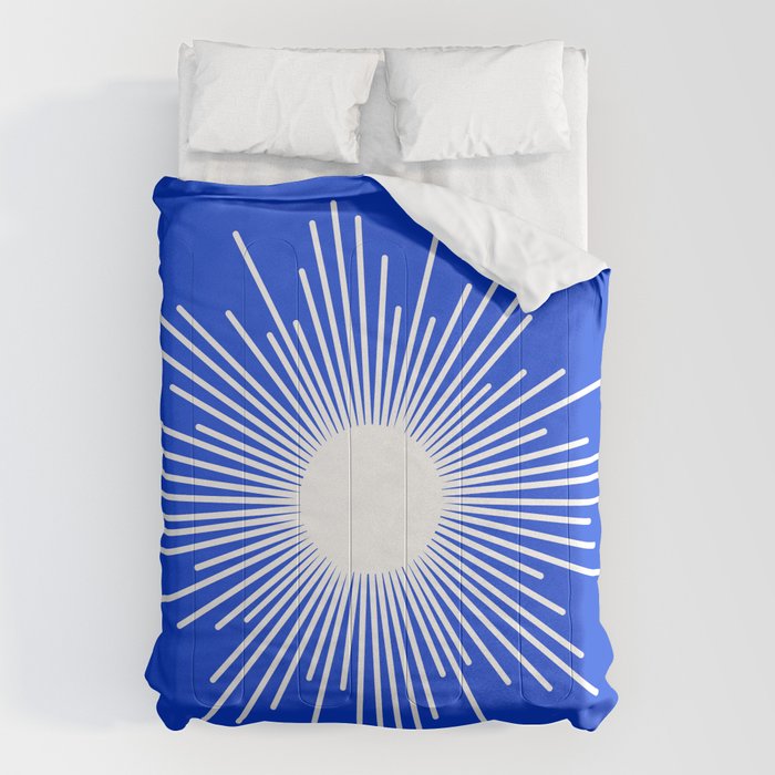 Mid Century Modern Minimalist Sunburst Retro Sun Royal Blue and White Comforter Gallery Image 6