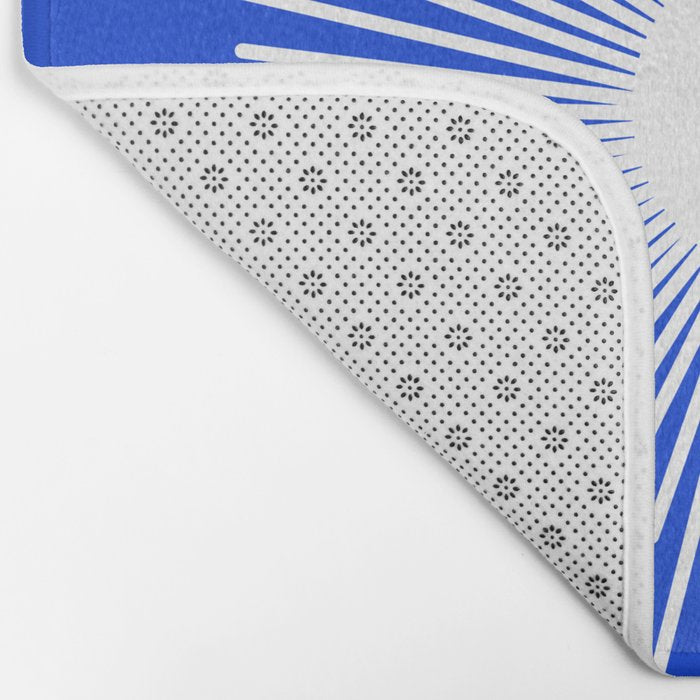 Mid Century Modern Minimalist Sunburst Retro Sun Royal Blue and White Bath Mat Gallery Image 2