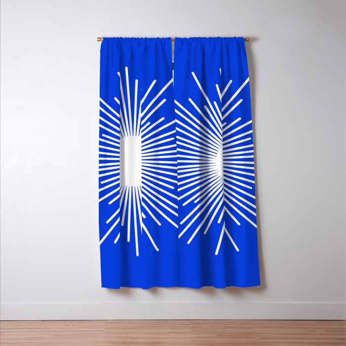 Mid Century Modern Minimalist Sunburst Retro Sun Royal Blue and White Window Curtain Gallery Image 3
