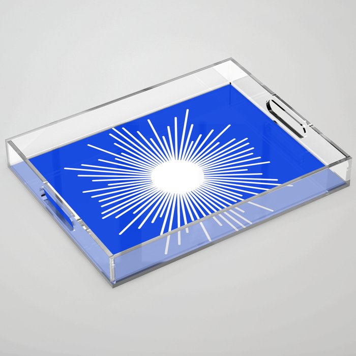 Mid Century Modern Minimalist Sunburst Retro Sun Royal Blue and White Acrylic Tray Gallery Image 1