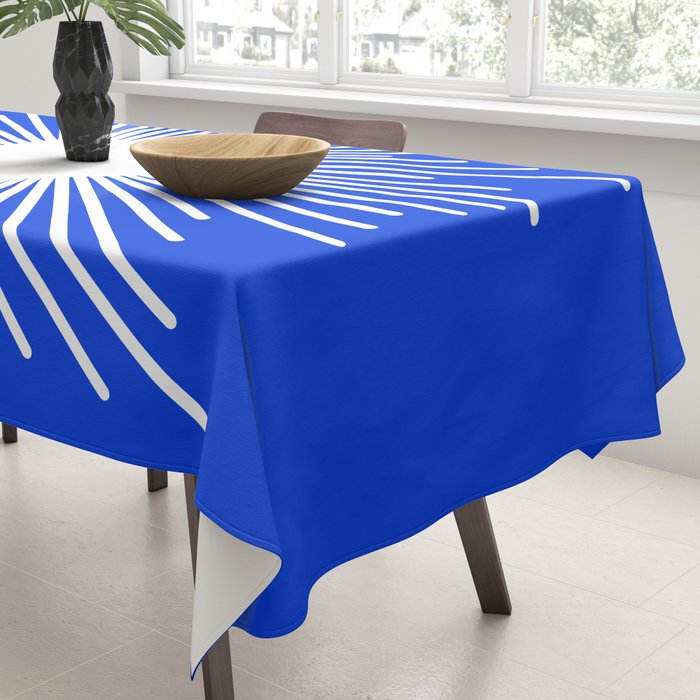 Mid Century Modern Minimalist Sunburst Retro Sun Royal Blue and White Tablecloth Gallery Image 3