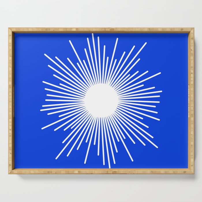 Mid Century Modern Minimalist Sunburst Retro Sun Royal Blue and White Serving Tray Gallery Image 1