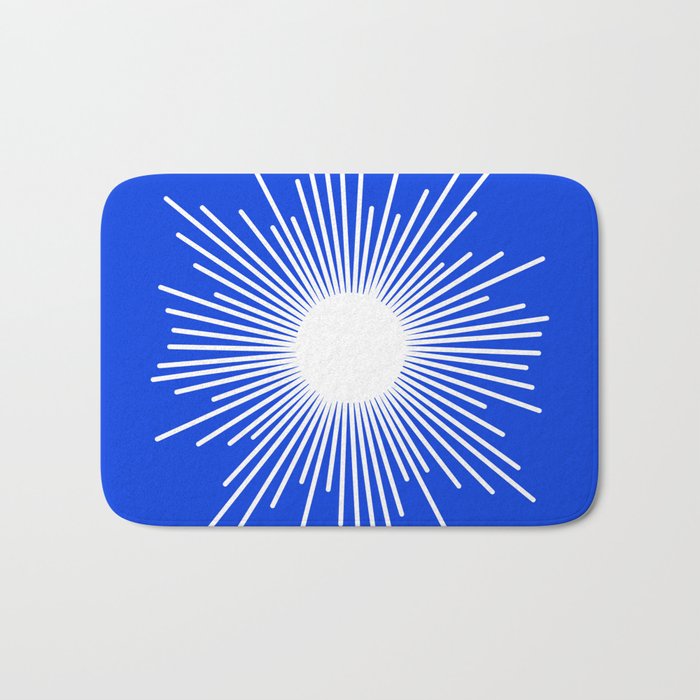 Mid Century Modern Minimalist Sunburst Retro Sun Royal Blue and White Bath Mat Gallery Image 1