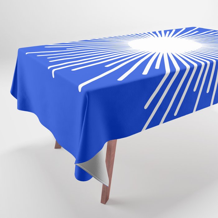 Mid Century Modern Minimalist Sunburst Retro Sun Royal Blue and White Tablecloth Gallery Image 1