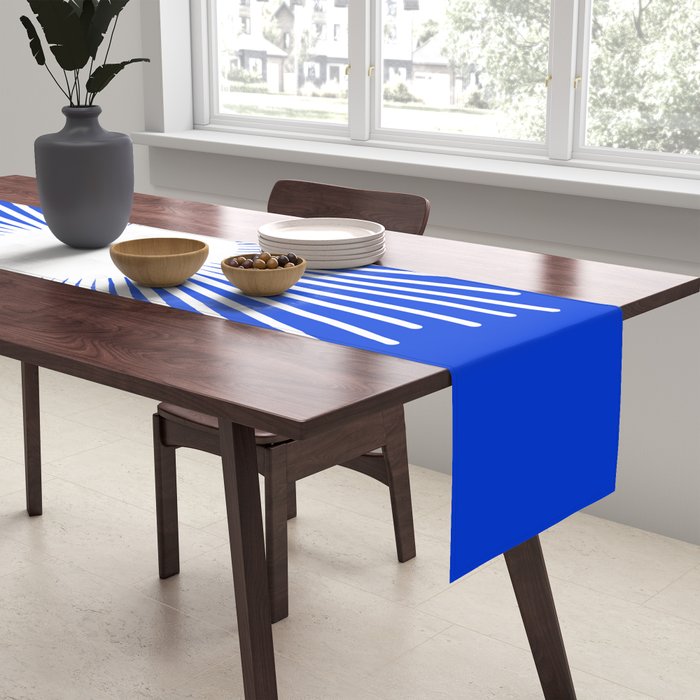 Mid Century Modern Minimalist Sunburst Retro Sun Royal Blue and White Table Runner Gallery Image 2