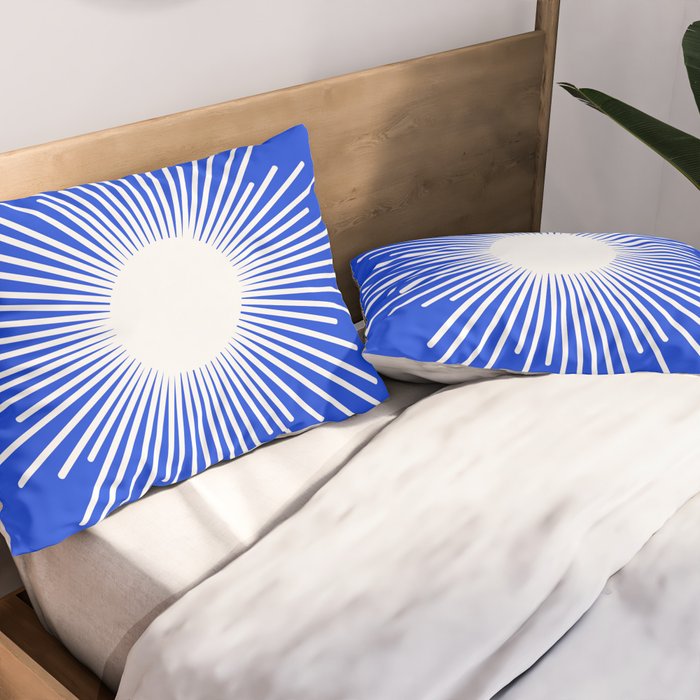 Mid Century Modern Minimalist Sunburst Retro Sun Royal Blue and White Pillow Sham Gallery Image 2