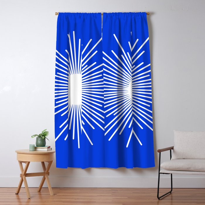 Mid Century Modern Minimalist Sunburst Retro Sun Royal Blue and White Window Curtain Gallery Image 5